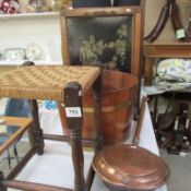 A warming pan, log bin, stool and 2 firescreens