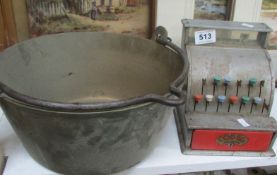 A brass jam pan and a vintage child's cash register