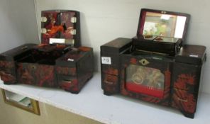2 lacquered jewellery boxes and contents