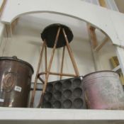 A galvanised pot, copper bin a/f, stool and baking tray