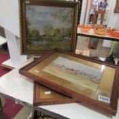 An oil painting country scene by E Fieldsend and 2 watercolours