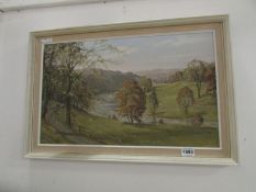 An oil on board rural landscape with river by Claude Horsfall