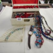 A jewellery box and contents including fan