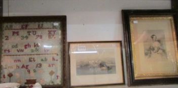 A 1902 Sampler - engraving and a Victorian portrait framed & glazed