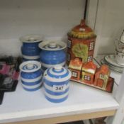 4 T G Green storage jars and cottage ware cruet and jar