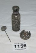 A Victorian silver scent bottle, a/f, silver stick pin and brooch