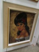 A framed oil on canvas of a Spanish lady signed Kraus?
