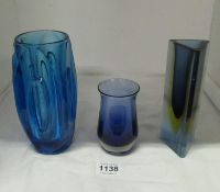 3 blue art glass vases