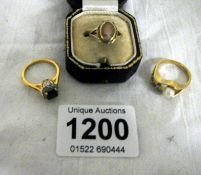 A 9ct gold ring set cameo and 2 yellow metal rings