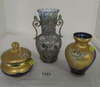 A German vase overlaid with white metal and a Bohemian vase and lidded pot