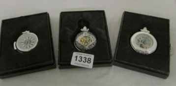 3 boxed Heritage collection silver plated pocket watches