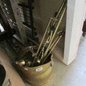 A brass coal bucket, fire tools etc