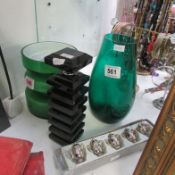 2 green glass vases, a scent bottle and set of place card holders