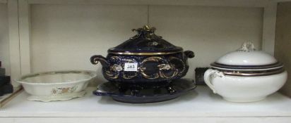 A large Italian tureen on stand a/f, one other and a dish