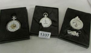 3 boxed Heritage collection silver plated pocket watches