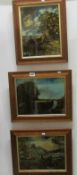 3 paintings on glass in birds eye maple frames