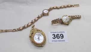 3 ladies watches, (2 in working order)