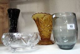 3 glass vases and a cut glass bowl