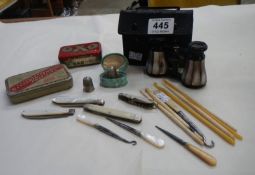 A mixed lot including silver thimbles, pen knives etc