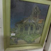 A framed print of a Vincent Van Gogh church scene