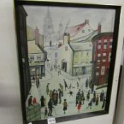 An unsigned oil on board in the style of L S Lowry