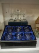 6 boxed Bohemian whisky tumblers and 5 wine glasses