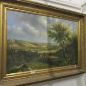 A large gilt framed unsigned oil on canvas rural landscape
