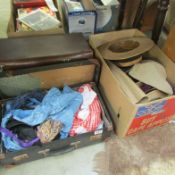 A box of straw hats and 2 suitcases of vintage clothes etc