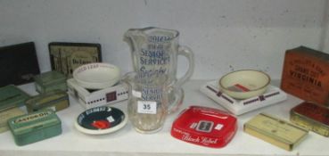 A quantity of cigarette tins, ashtrays, Senior Service jugs etc