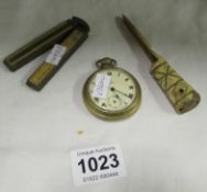 A Bone medicine feeder, ruler and pocket watch