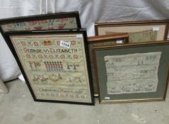 5 framed samplers including 19C and 1937 Coronation