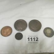 Two George III pennies, an 1836 half crown,  a Victorian penny and early coin