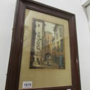 A 19C watercolour of a Medieval Italian street scene