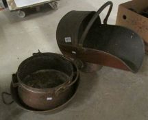 A copper coal scuttle and 2 copper pans