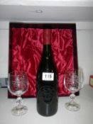 A boxed bottle of wine and 2 glasses commemorating the Battle of Stoke