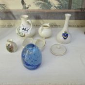 A glass paperweight and 5 items of crested china