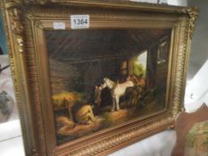 An oil on canvas stable interior with horses and grooms, signed C J Cogman 1908, 9.5 x 13"