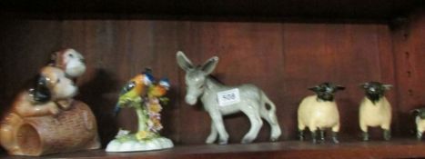 6 animal figurines, sheep, birds, donkey and dog