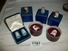 3 Crown Derby thimbles, 2 Royal Albert & 2 Wedgwood thimbles