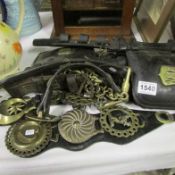 A pair of leather horse blinkers and other horse brasses