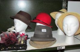 A pair of vintage shoes, 6 hats, sequined waistcoat etc (heads not included)