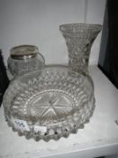 A cut glass bowl, vase and rose bowl