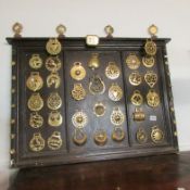 A quantity of horse brasses mounted on a board