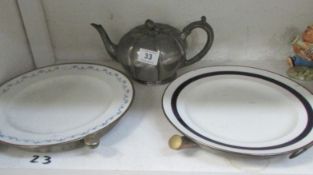 2 Victorian warming plates and a Victorian pewter teapot