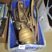 A box of brass oil lamps and other lighting parts