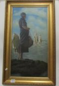 A 20C oil on board of a fisherwoman, unsigned