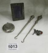 2 silver handled button hooks, small powder compact etc