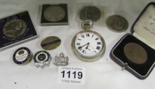 A mixed lot of collector's coins, railway badges, pocket watch etc.