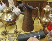 A mixed lot of brass and copper including kettle, jug etc