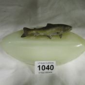 A signed cold painted Vienna bronze spring male salmon by J C Sader on onyx base